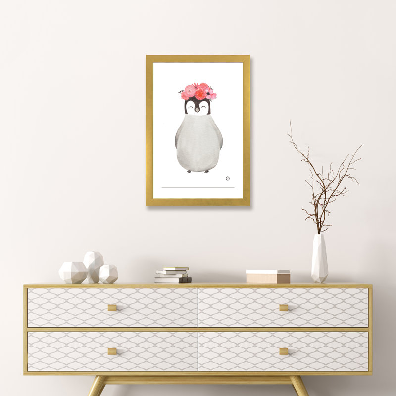 Art pingouin, Papier encadré doré, H 24 po x l 16 po x P 1 po