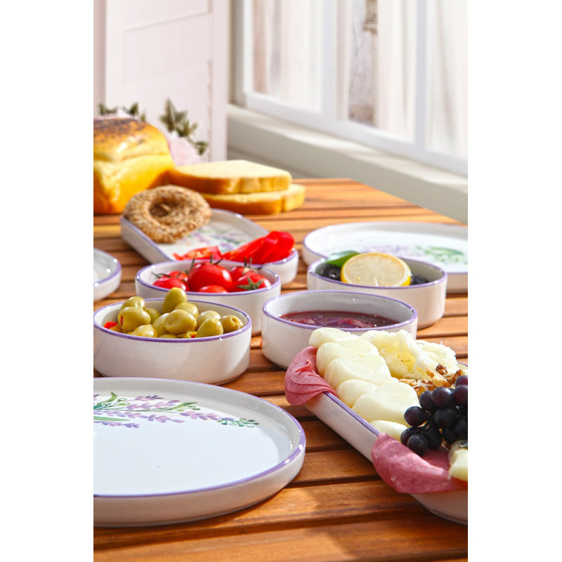 Dilesh Elegant 14-Piece Breakfast Set, 100% Ceramic | Includes 6 Plates (7.5 in), 2 Platters (9.8 x 4.3 x 1.4 in), 6 Bowls (4.1 x 4.1 x 1.4 in, 5.1 fl oz) | Dishwasher & Microwave Safe | Stylish White, Purple & Green Design