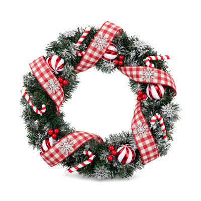 Guirlande de canne de Noël de 50 cm avec ruban à carreaux rouge, flocons de neige scintillants et ornements de menthe poivrée pour porte d'entrée, manteau de cheminée et décoration murale