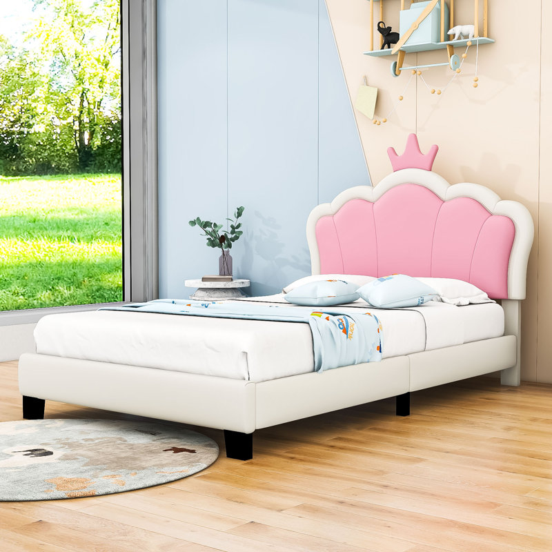 Upholstered Platform Bed With Crown Headboard, Twin, Pink/White