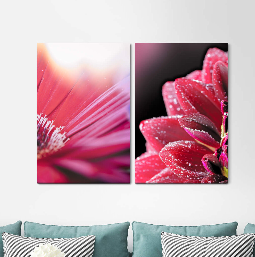 2-tlg. Leinwandbilder-Set - Fotografie „Zinnias Red Blossom Summer Flowers Warm Harmonious”