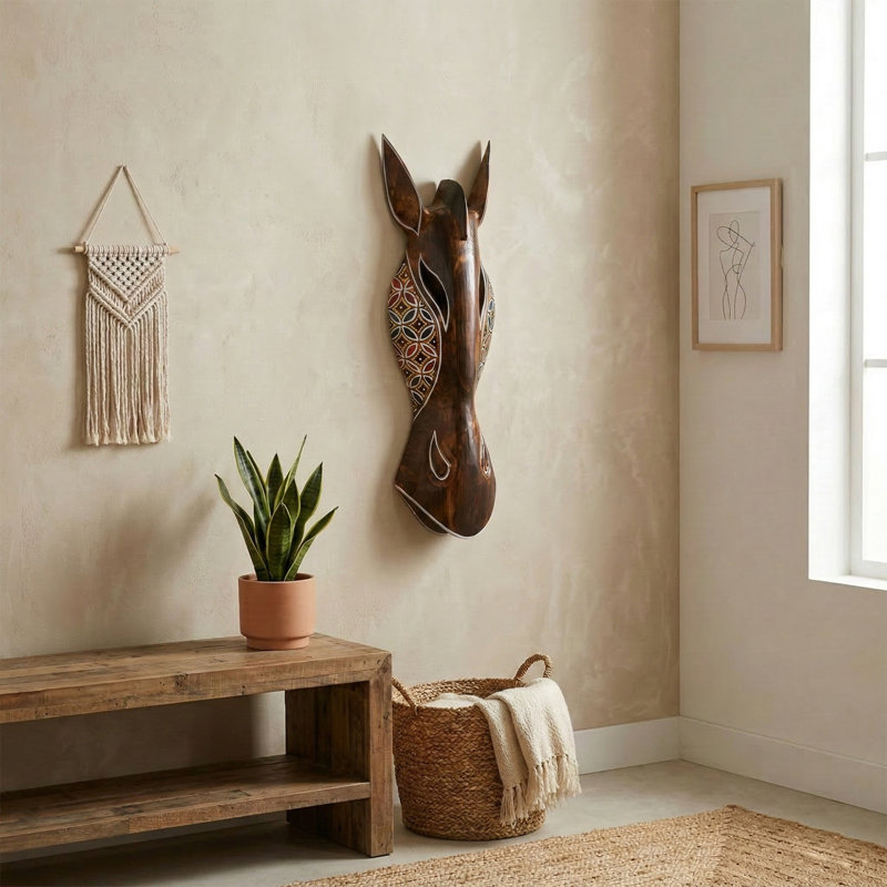 Masque en bois sculpté à la main safari girafe safari avec motif tribal, décor bohème rustique, H 20 po x l 6 po x P 2,5 po