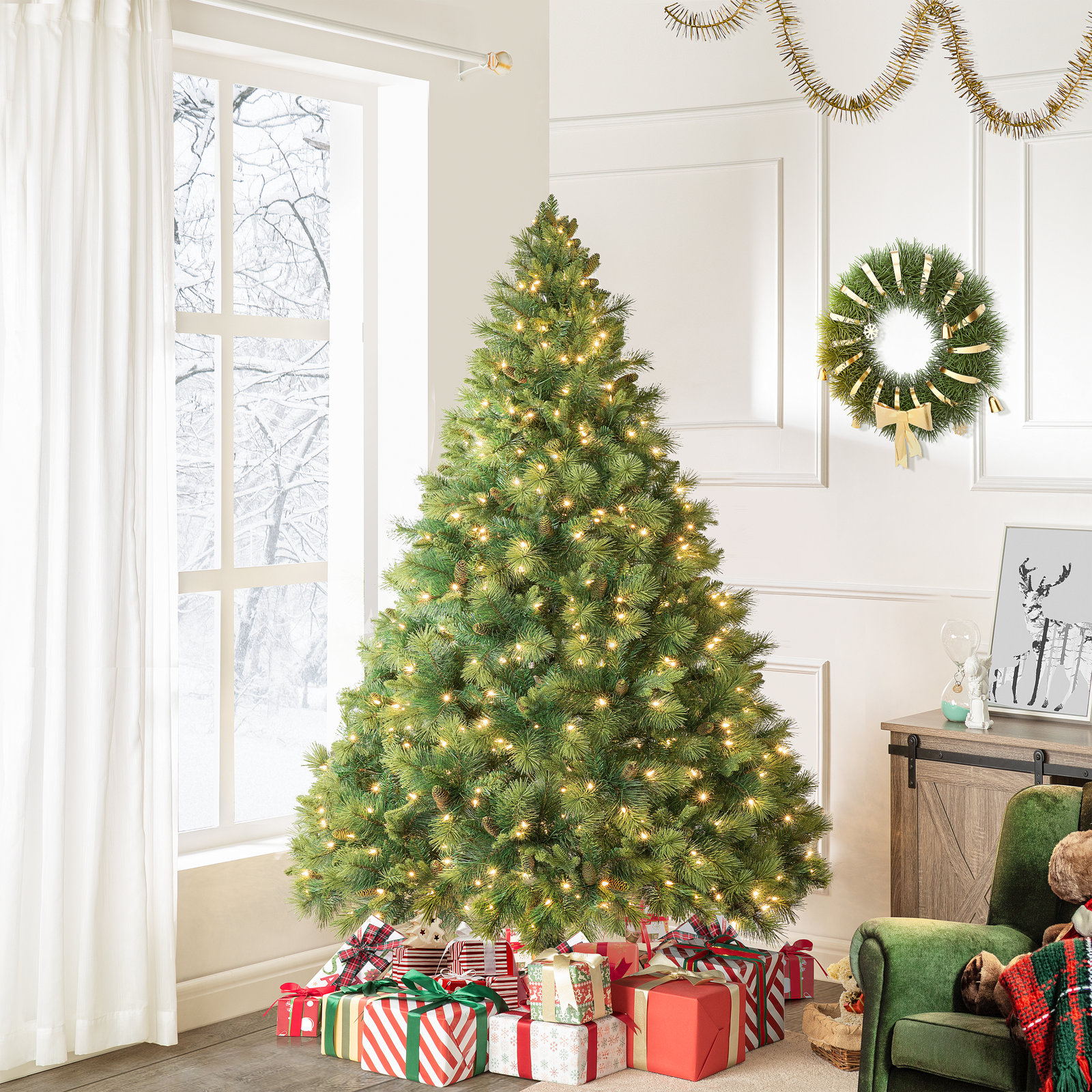 Pre-Lit Artificial Spruce Christmas Tree with Pine Cones, 4.5' H