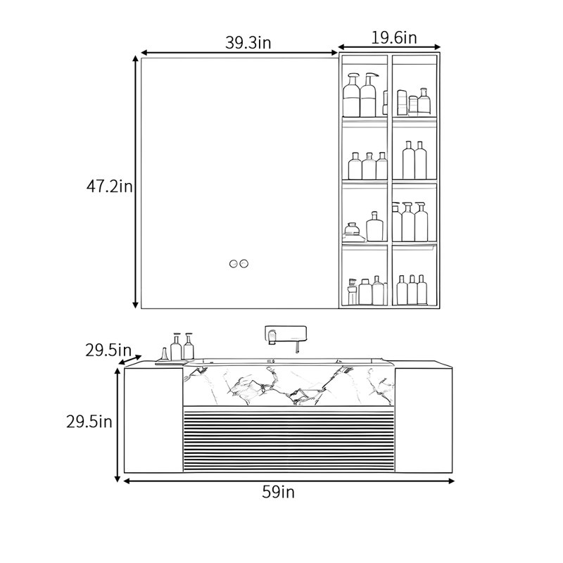 Armoire de salle de bain française moderne à lumière simple de luxe français, H 29,5 po x l 59 po x P 29,5 po