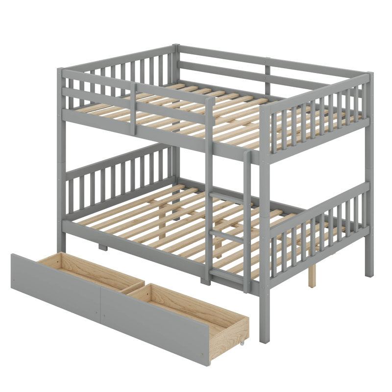 Lit superposé en bois d'hévéa - 2 tiroirs, échelle, garde-corps de sécurité et convertible en 2 lits, Gris