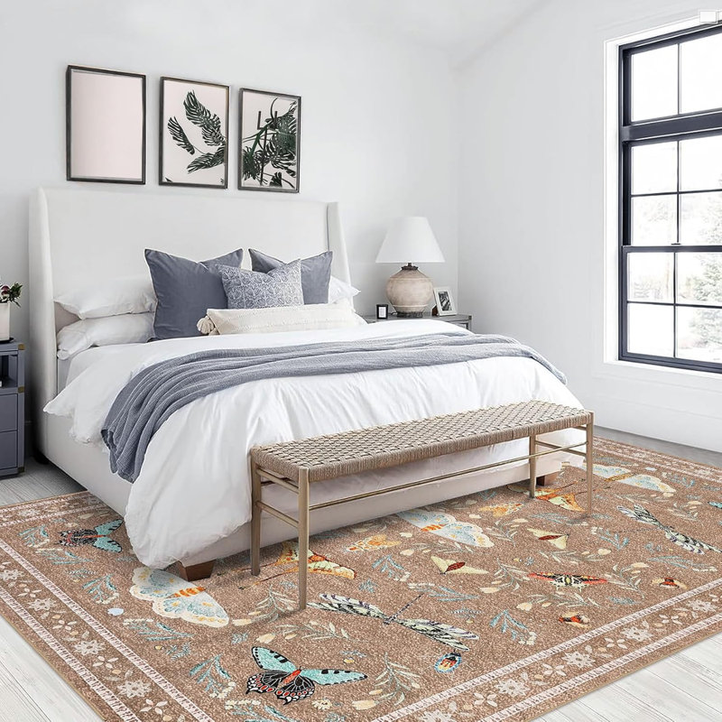 Insect Machine Washable Soft Area Rug for Living Room, Low Pile Non-Slip, Under Bed, Thin, Farmhouse Style.