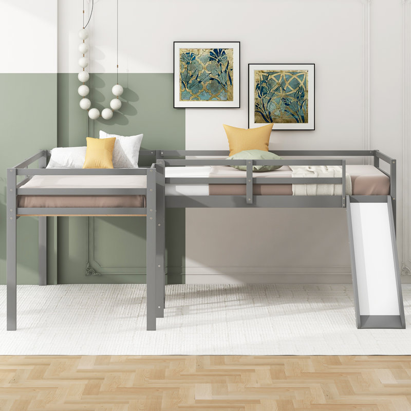  L-Shaped Twin Loft Bed Frame with Built-In Slide and Ladder, Elevated Platform Sleeping Solution, Gray, Gray