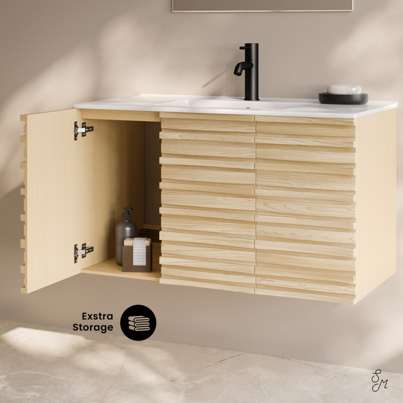 Meuble-lavabo mural 36 po Cascade, Blanc, Marron clair