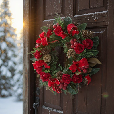 Couronne de Noël 28 po avec roses, pommes de pin et nœuds