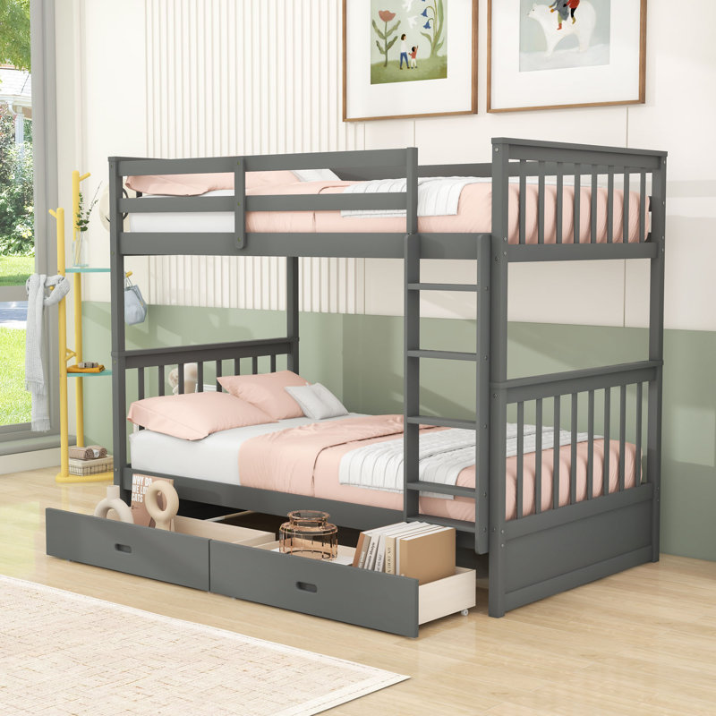 Lit superposé simple au-dessus de simple avec deux tiroirs de rangement et conception convertible, Gris