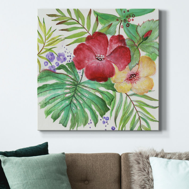 Fleurs tropicales - peinture sur toile tendue, H 40 po x l 40 po x P 1 po