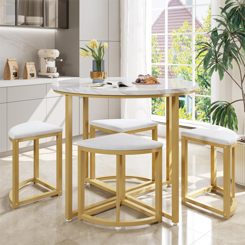 Aarianna 4 - Person Dining Set, White/Gold