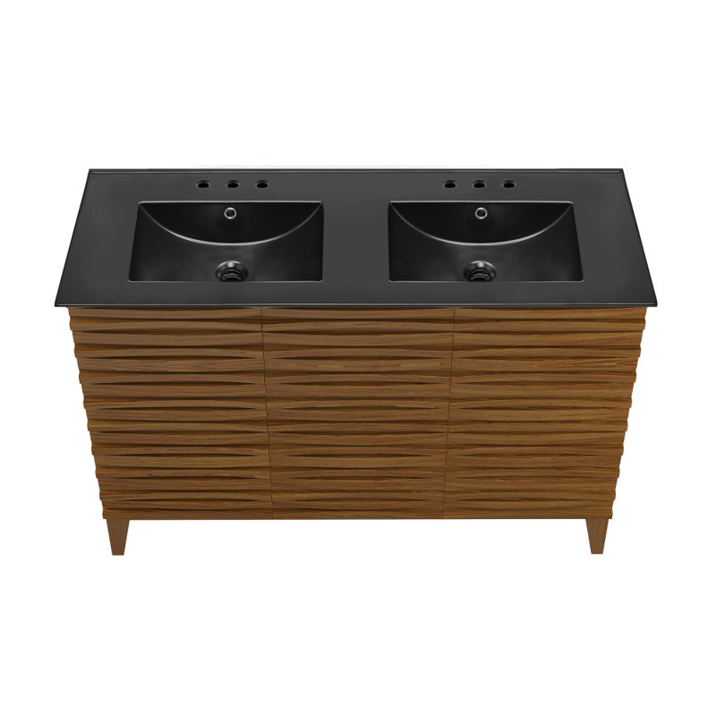 Cascade 48 po Meuble-lavabo double avec comptoir à 3 trous en céramique, Noir, Brun