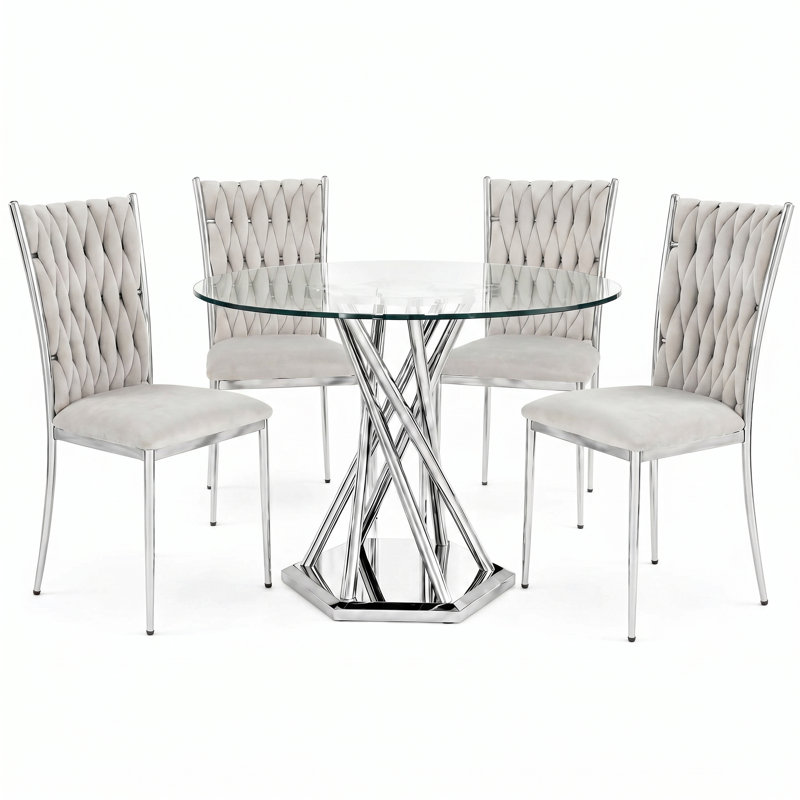 47.2" Dining Table Set for 4, Modern Round Glass Dining Table Set With 4 Upholstered Chairs, for Dining, Kitchen, Silver