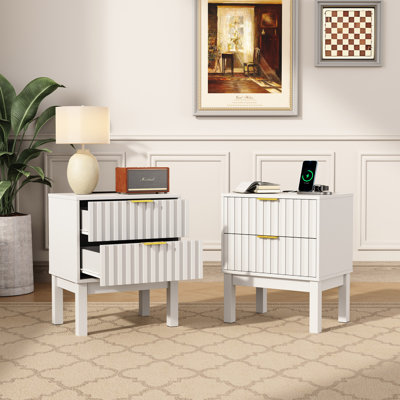 Table de chevet 2 tiroirs avec 2 prises de courant, 1 port USB, poignée en métal moderne (ensemble de 2)