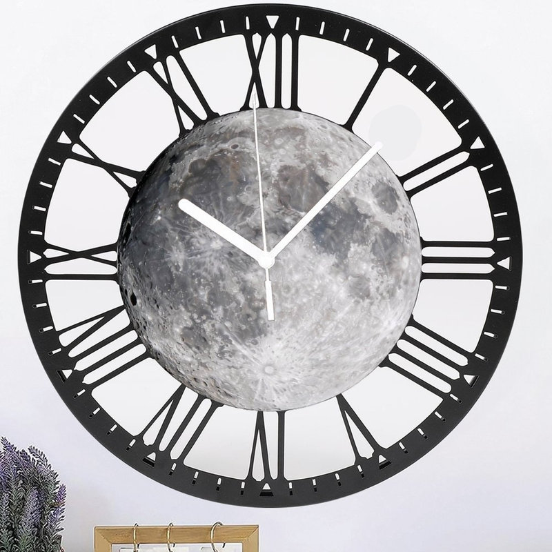 Horloge murale ronde en fer 10 po avec mouvement à quartz silencieux, chiffres romains, impression UV, Nouvelle lune