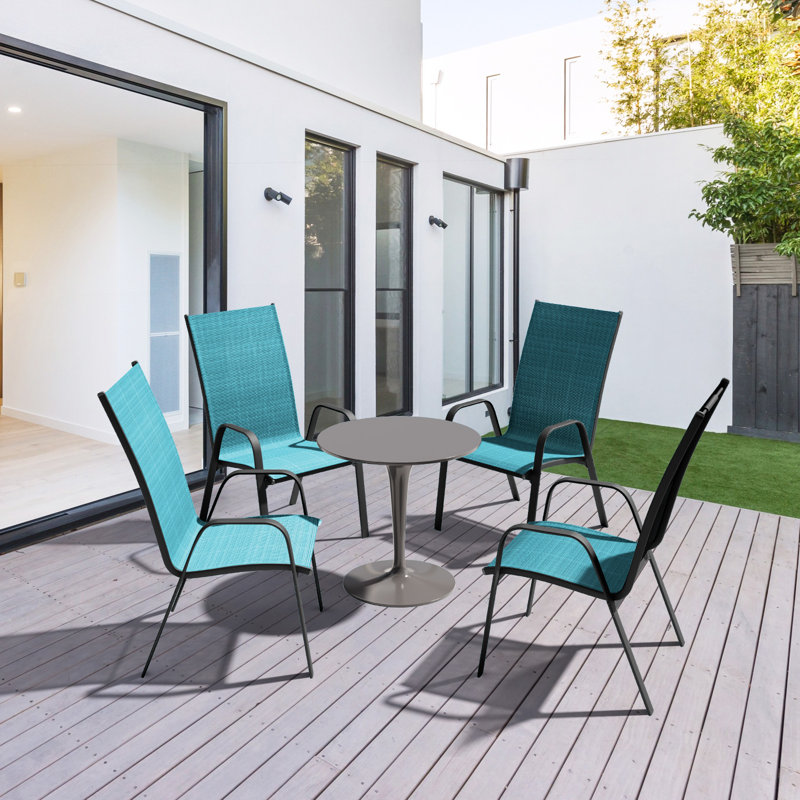 Ensemble de 4 chaises de patio empilables Ronda, 4, Bleu paon / noir