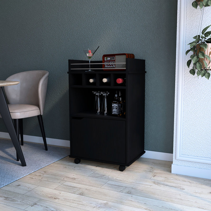 Élégant chariot-bar à 1 porte avec intérieur spacieux et options de rangement avec tablettes noires pour recevoir, Noir