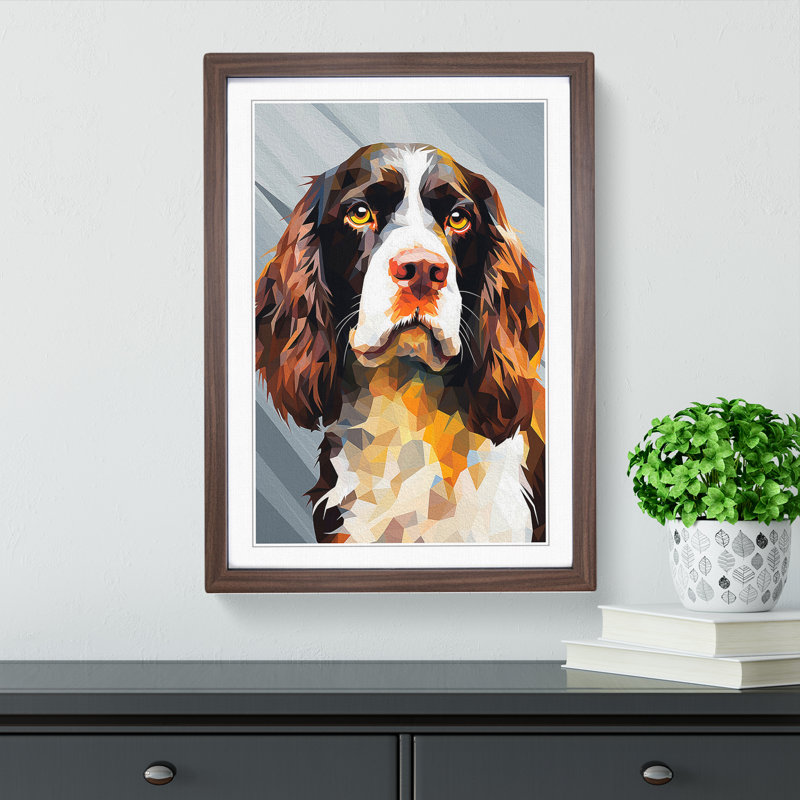 English Springer Spaniel Geometric No.2 - Single Picture Frame Print on Wood, Walnut, 46cm H x 34cm W x 2cm D