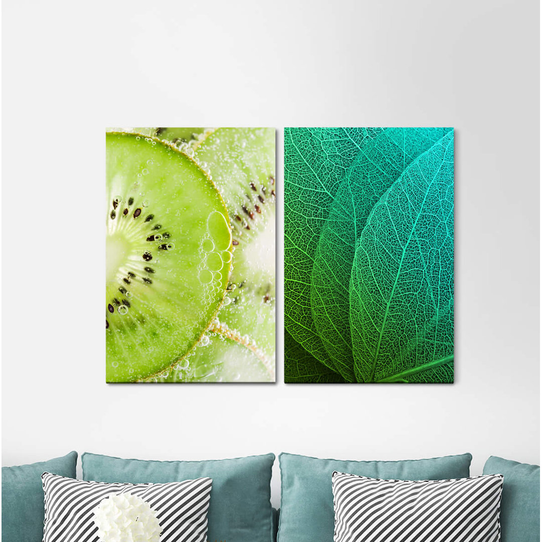 2-tlg. Leinwandbilder-Set - Fotografie „Kiwi Water Green Leaf Structure Fresh Kitchen”