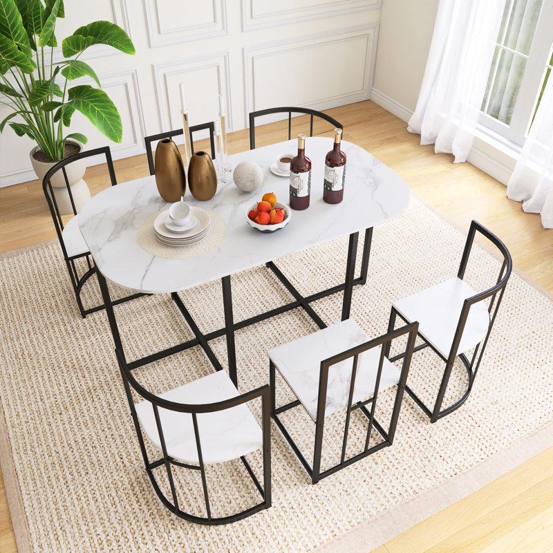 Ensemble de table de salle à manger 7 pièces, Black/Faux Marble White, Blanc/Noir