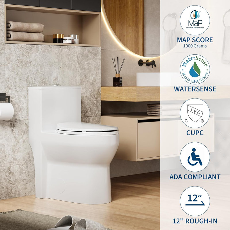 Compact One Piece Toilet for Bathroom, Modern Standard Toilet with Dual Flush 0.8/1.28 GPF, 17.5" ADA Height, Side Hole, Soft Close Seat, 12" Rough-In, White