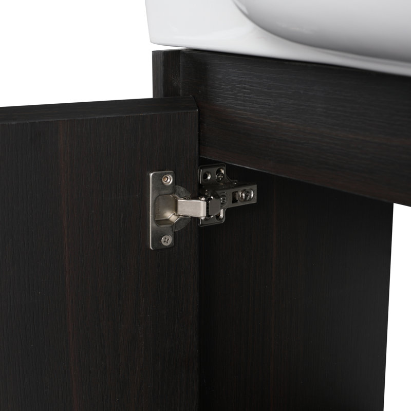 Meuble-lavabo mural blanc en céramique 28 po avec aspect chêne foncé, mécanisme de fermeture en douceur, 45 poignées cachées, armoire à une porte, deux tablettes ouvertes, finition à l'eau, fonction, design,