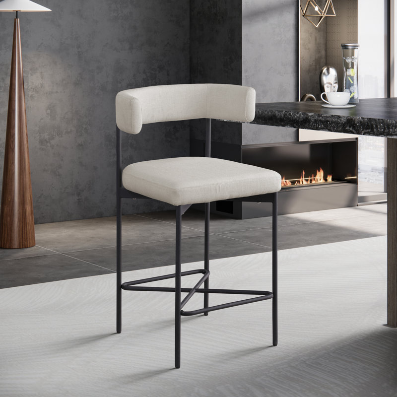Hisayo Upholstered Counter Stool with Metal Frame, Beige Linen Textured Fabric
