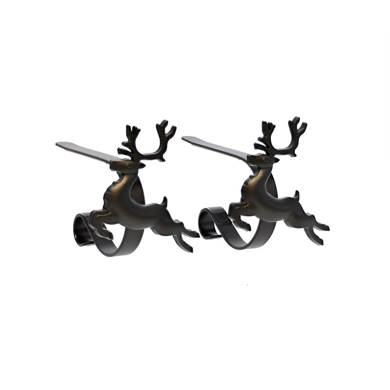 Matte Black Reindeer Metal MantleClip Stocking Holders, 2-Pack