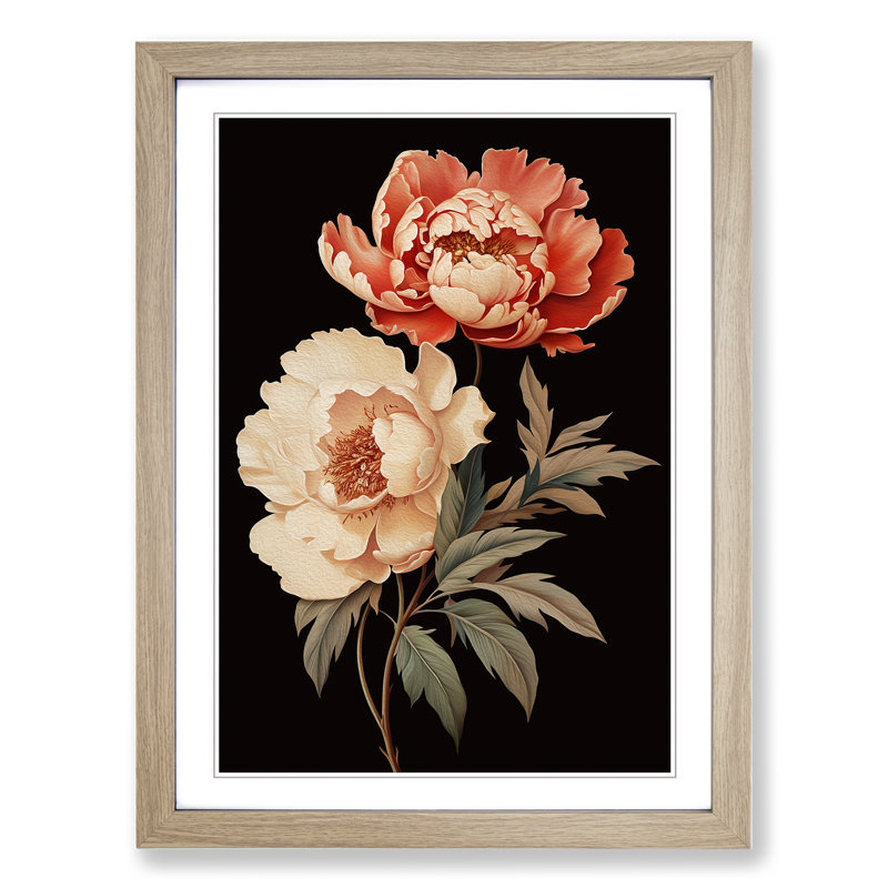 Peony Flower Deco - Single Picture Frame Print on Wood, 46cm H x 34cm W x 2cm D, Oak