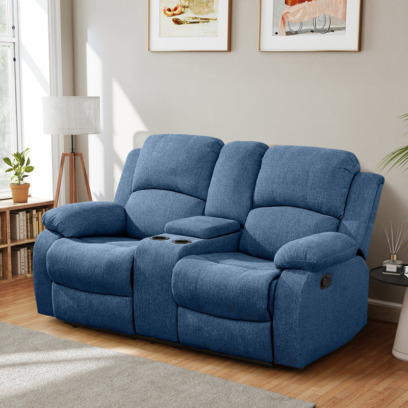 Double fauteuil inclinable manuel, causeuse rembourrée avec porte-gobelets, flanelle, bleu, Bouclé bleu