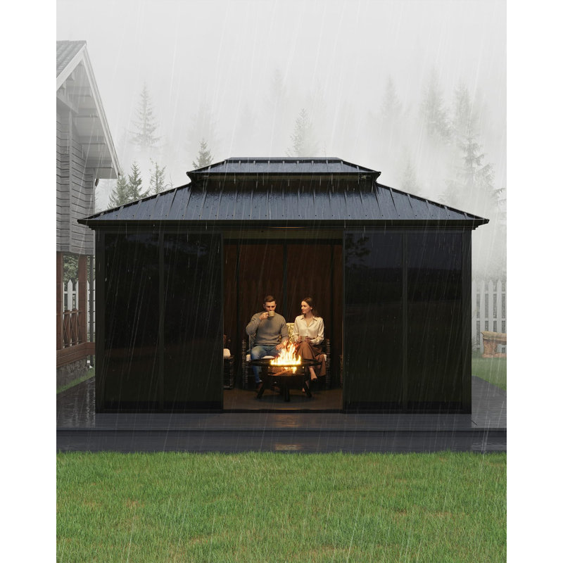Pavillon de jardin 10 po x 14 pi avec toit rigide, portes coulissantes du sol au plafond et cadre en alliage d'aluminium, solarium extérieur