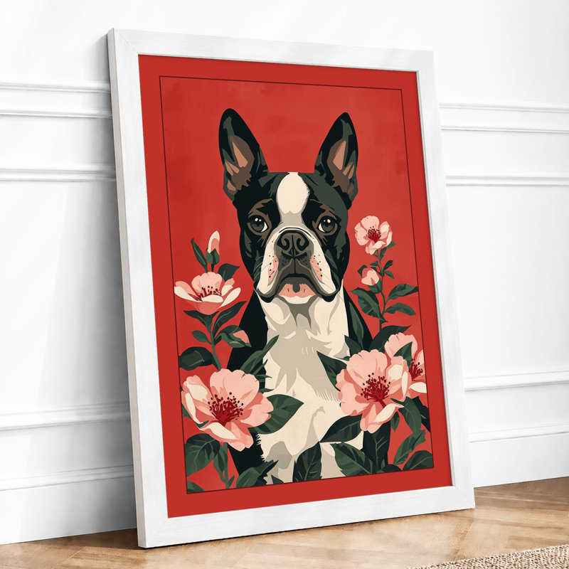 Boston Terrier in Bloom Botanical - Framed Print, A4 - 29.7 x 21.0 cm, White