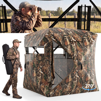Store de chasse 270 ° pour chasse au chevreuil et au dindon à 270 ° avec fenêtres escamotables silencieuses, motif camouflage et sac de transport