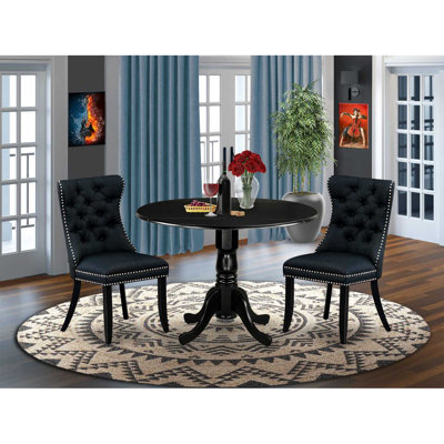 3-Piece Antique Walnut Finish Solid Wood Top-Round Upholstered Dining Room Set with Dropleaf-Seats 4