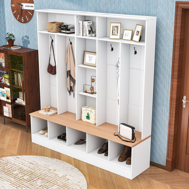 Elegant Hall Tree with Wood-Grain Finish, Shoe Bench, Storage Cubes & Shelves, White