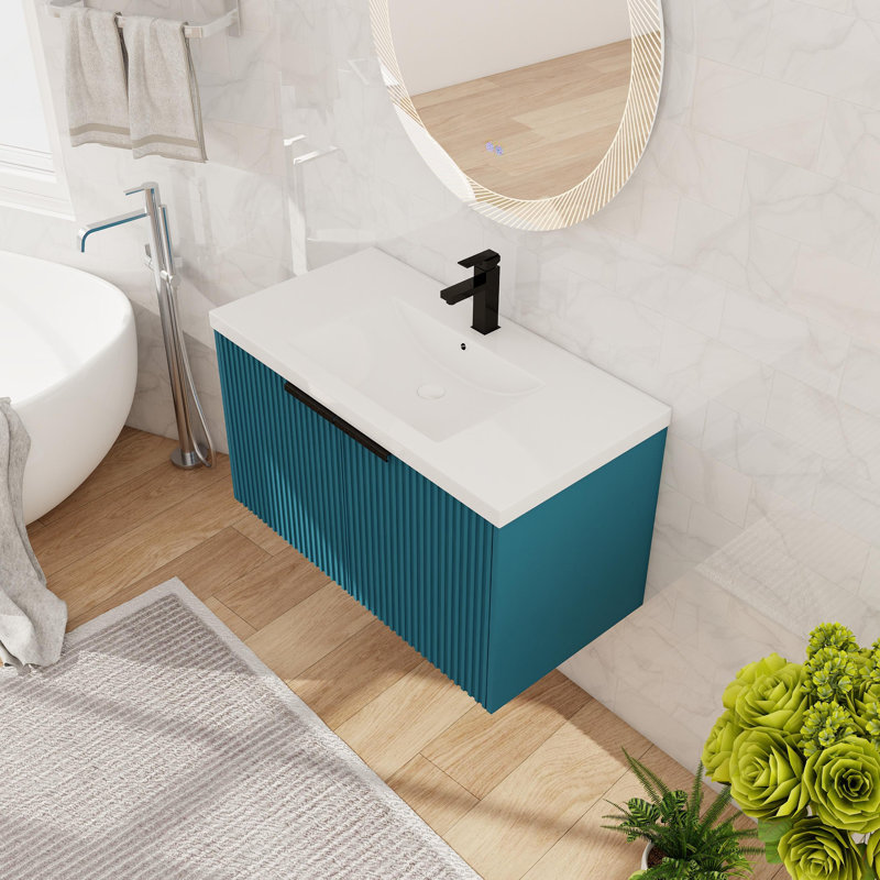 Ensemble de meuble-lavabo flottant simple 36 po, meuble-lavabo mural avec lavabo en résine, 2 portes, Bleu