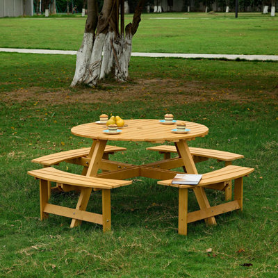 Table de pique-nique extérieure pour 8 personnes avec 4 bancs intégrés et trou pour parasol