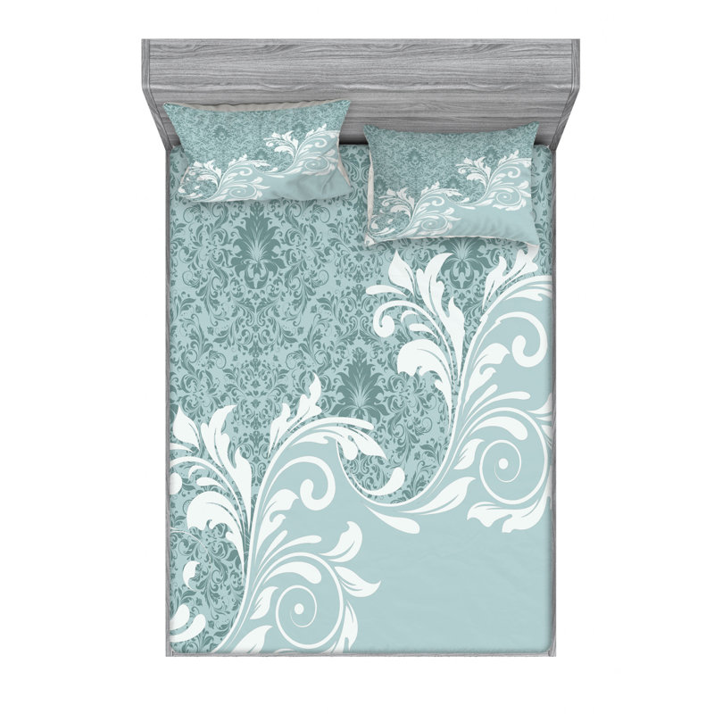 Microfiber Floral Sheet Set, Ivy Leaves Damask, Queen Sheet Set with Fitted Sheet