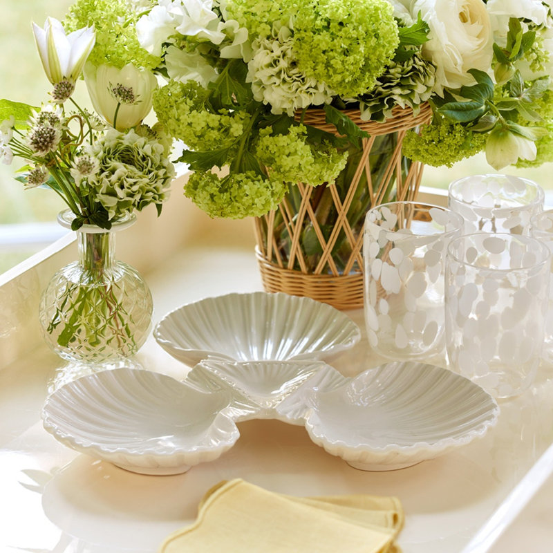 Off-White Ceramic Triangular Shell 3-Bowl Dish