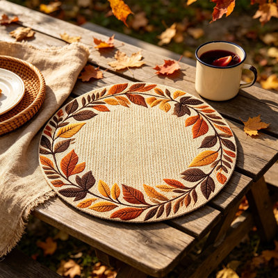 Thanksgiving Decorations 10-Piece Fall Leaf Wreath Placemats for Kitchen Dining Table Autumns Harvests Woven Placemat Set with Branch Leaf Designs Heat Resistants Thanksgiving Decor