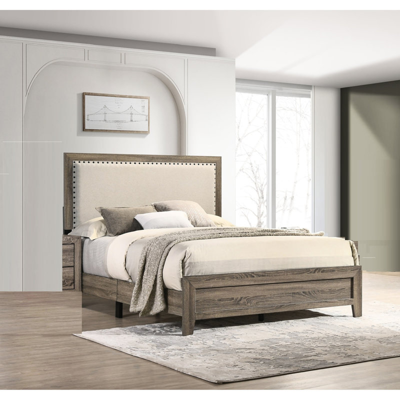 Shristi Fabric Upholstered Headboard Tufted Nailhead Trim 1pc Panel Bed Beautiful Wooden Bedroom Furniture, King, Gray