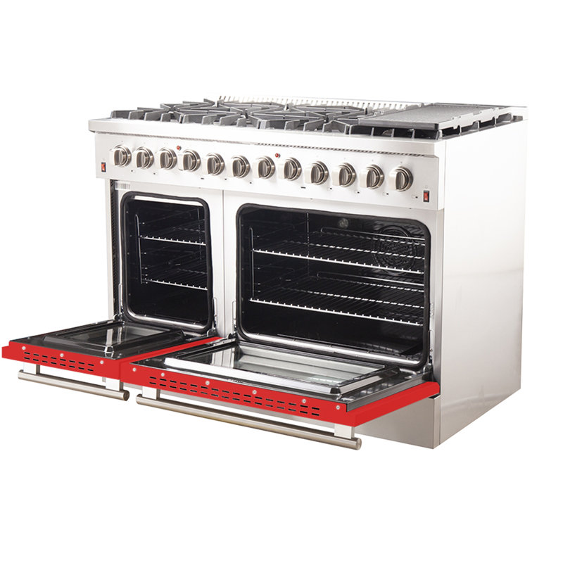 Forno Galiano 48" Dual Fuel Range in white, black, blue or red, 107,000 BTU, 6.58 cu.ft. Double Ovens & Griddle, Red