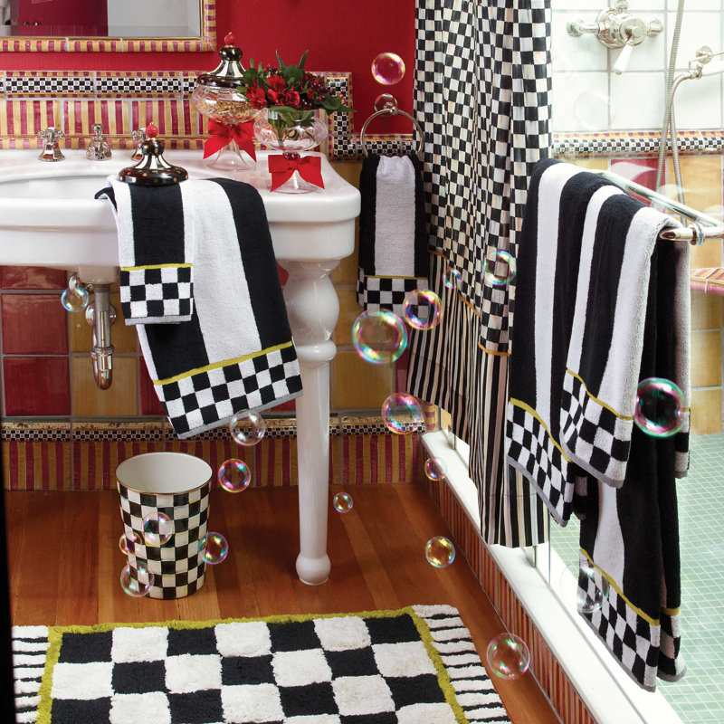 Black and White Cotton Hand Towel with Chartreuse Trim