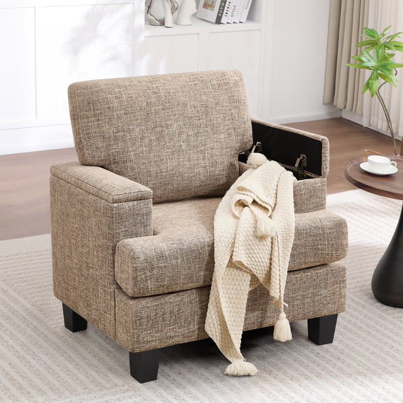 Fauteuil rembourré avec rangement intérieur pour accoudoirs, Brun