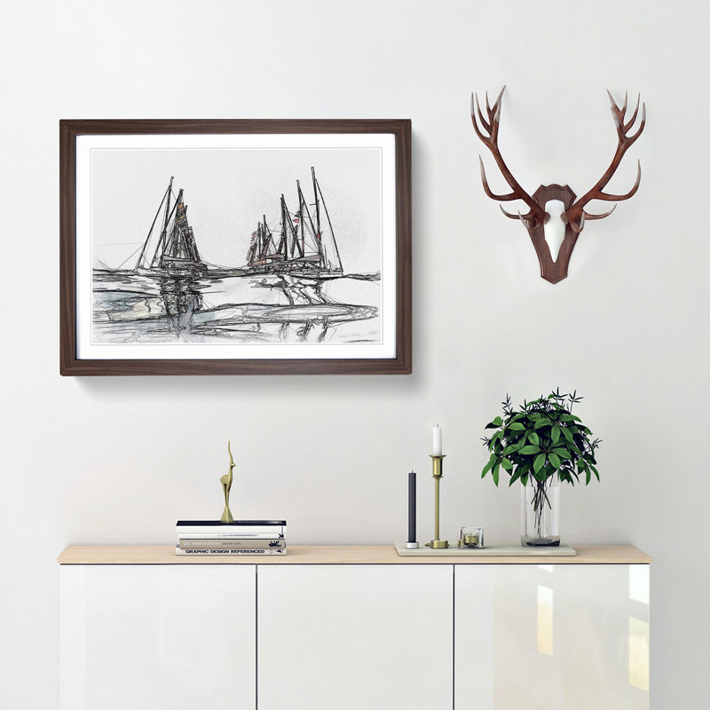 Boats in Majorca in Abstract - Picture Frame Drawing Print, Walnut Framed, 36cm H x 48cm W x 2cm D