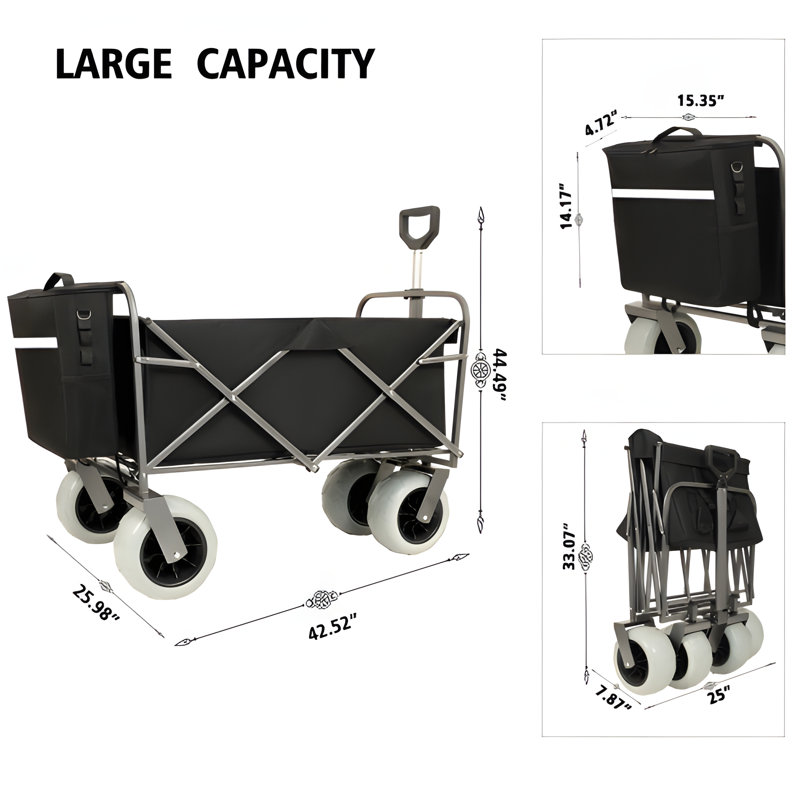 Chariot de plage avec de grandes roues pour le sable Capacité de 500 lb - Chariot tout terrain à structure en acier avec pneus pneumatiques de 9 po, conception pliable pliable, sangle avec sac multiusage, noir