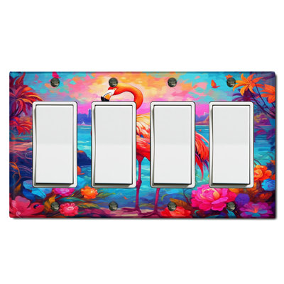 Metal Light Switch Plate Outlet Cover (Pink Flamingo Ocean Flower City - Quadruple Rocker)