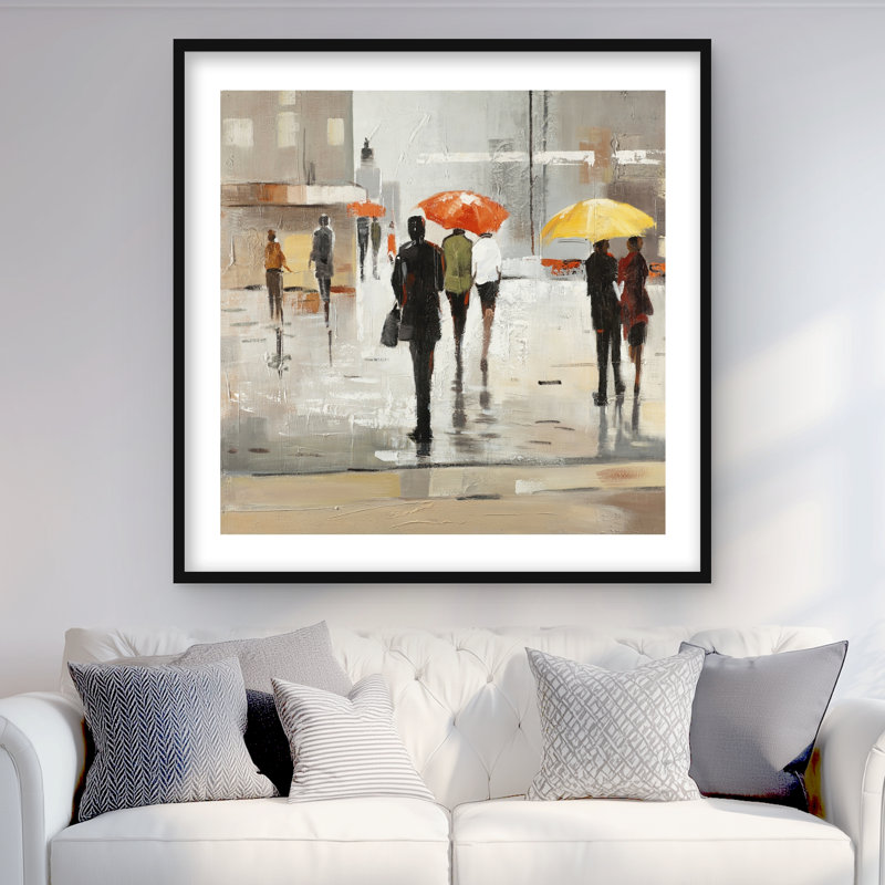 «Abstract Passersby with Umbrellas - Beige Man», reproduction encadrée, H 36 po x l 36 po, Noir