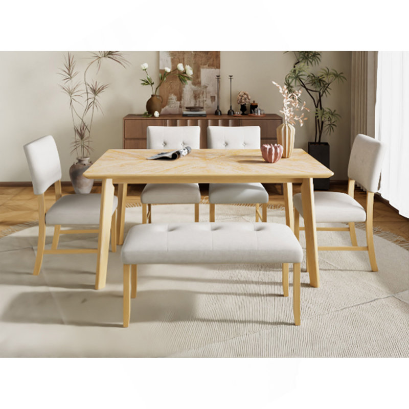 Ensemble de table de salle à manger 6 pièces, table rectangulaire rustique avec 4 chaises rembourrées et banc, ensemble de table de salle à manger en bois massif pour 6 personnes (assemblage facile, lavage au bois naturel)